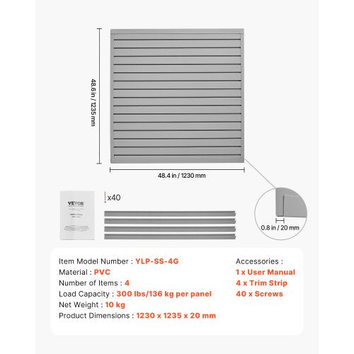 Slat Wall Paneling 4 x 4 ft PVC Garage Slatwall with Modular Design Grey
