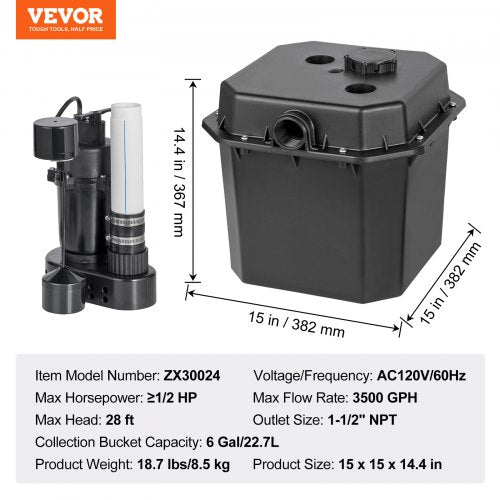 Utility Sink Pump 12 HP 120Volt 3500 GPH Flow 28 ft Head UnderSink