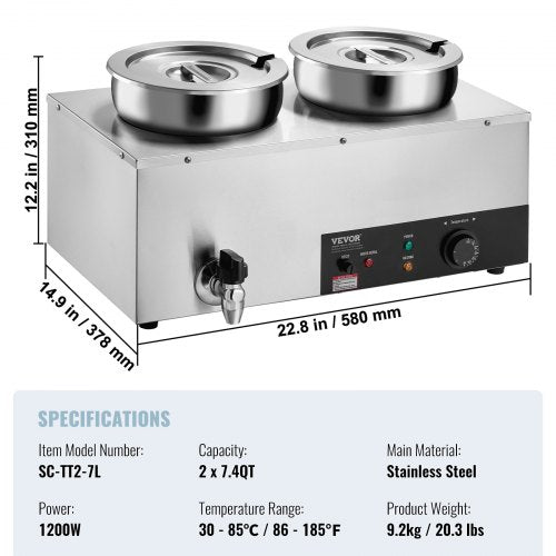 Electric Soup Warmer Dual 7.4QT Stainless Steel Round Pot 1200W Commercial