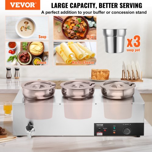Electric Soup Warmer Three 7.4QT Stainless Steel Round Pot 1200W