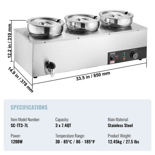 Electric Soup Warmer Three 7.4QT Stainless Steel Round Pot 1200W
