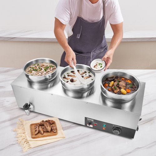 Electric Soup Warmer Three 7.4QT Stainless Steel Round Pot 1200W