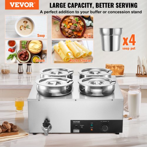 Electric Soup Warmer Four 7.4QT Stainless Steel Round Pot 1500W Commercial
