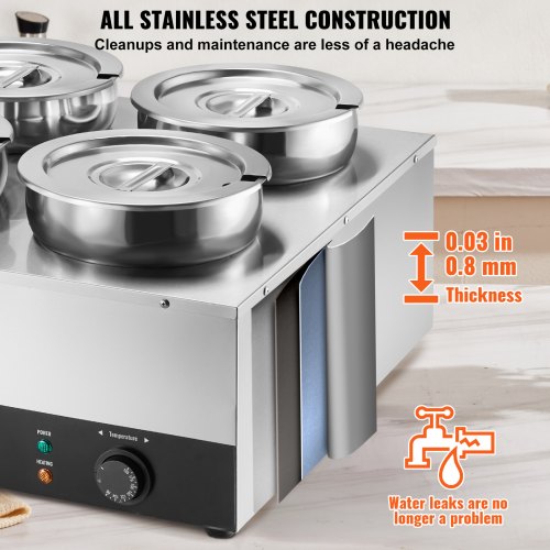 Electric Soup Warmer Four 7.4QT Stainless Steel Round Pot 1500W Commercial