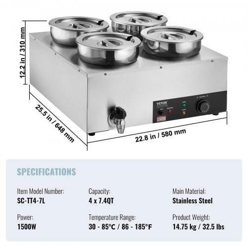 Electric Soup Warmer Four 7.4QT Stainless Steel Round Pot 1500W Commercial