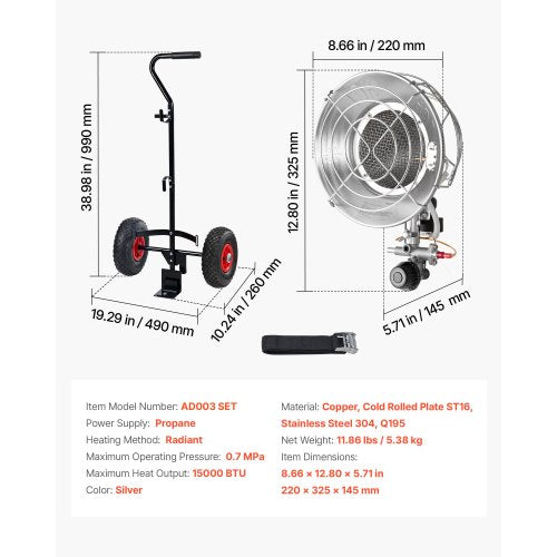 Propane Tank Top Heater with Portable Trolley 15000 BTU Rapid Heating