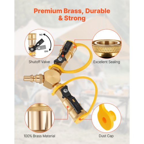 RV Propane Quick Connect Y Splitter Adapter with Shutoff Valve 2 Way 14