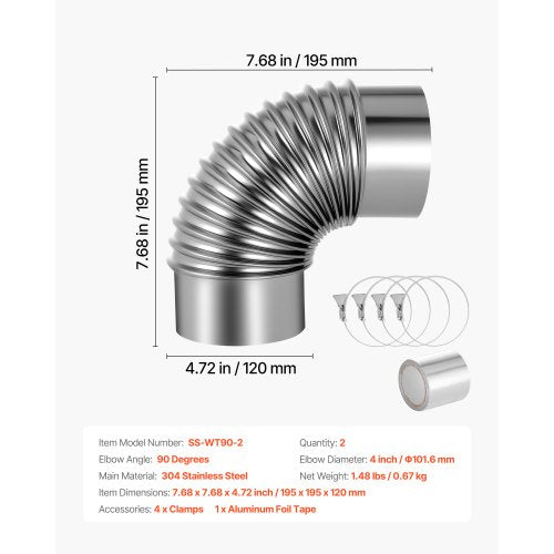 2 Pack Dryer Vent Elbow 90 Degree Hose Connector Kit for 4 Inch Duct