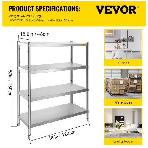 Stainless Steel Shelving 468x185 Inch 4 Tier Adjustable Shelf Storage Unit