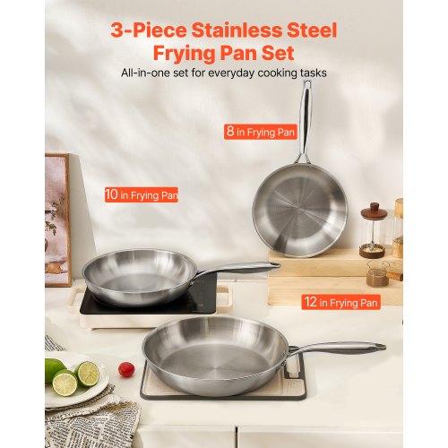 TriPly Stainless Steel Frying Pan 3 Pcs Set 8 10 12 in Cooking