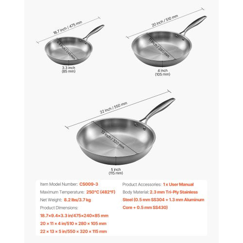 TriPly Stainless Steel Frying Pan 3 Pcs Set 8 10 12 in Cooking