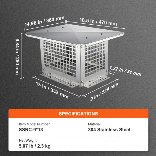 Chimney Cap 13 x 9 inch 304 Stainless Steel Fireplace Chimney Cover Not