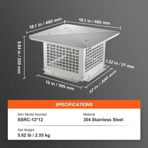 Chimney Cap 12 x 12 inch 304 Stainless Steel Fireplace Chimney Cover Not