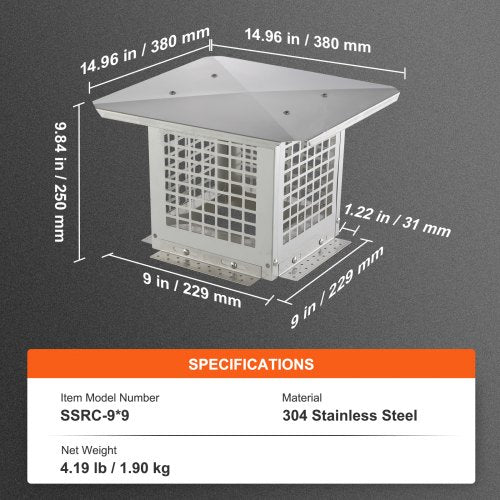 Chimney Cap 9 x 9 inch 304 Stainless Steel Fireplace Chimney Cover Not