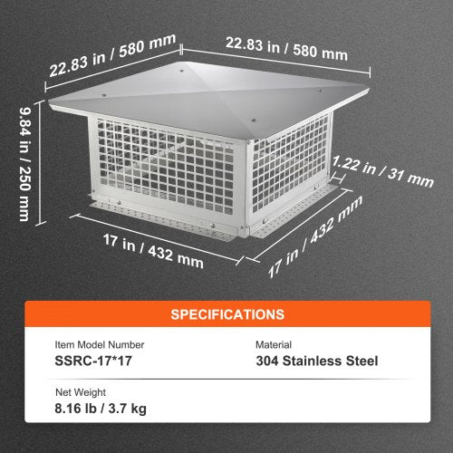 Chimney Cap 17 x 17 inch 304 Stainless Steel Fireplace Chimney Cover Not
