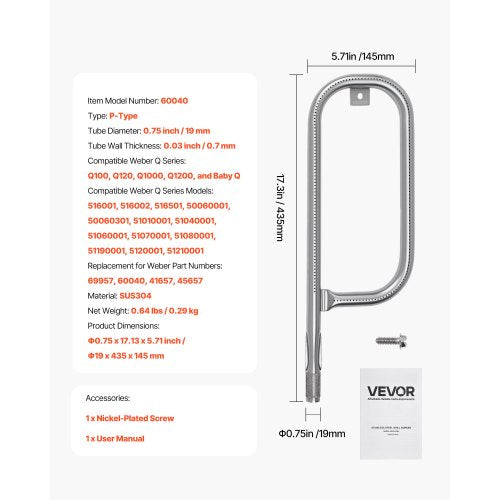 Grill Burner Tube for Weber Q100 Q120 Q1000 Q1200 Baby Q Gas Grills 17