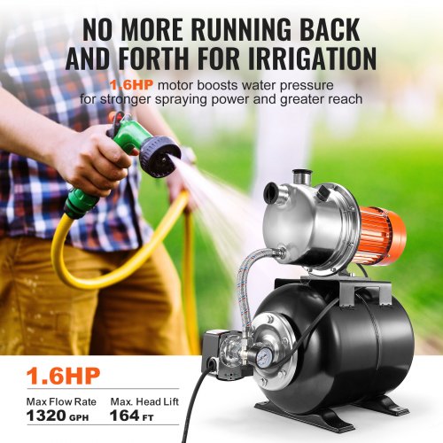 1.6 HP Shallow Well Pump with Pressure Tank 1320 GPH Automatic Irrigation