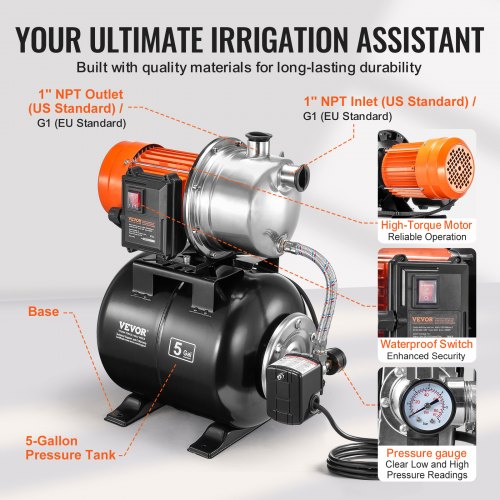 1.6 HP Shallow Well Pump with Pressure Tank 1320 GPH Automatic Irrigation