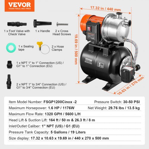 1.6 HP Shallow Well Pump with Pressure Tank 1320 GPH Automatic Irrigation