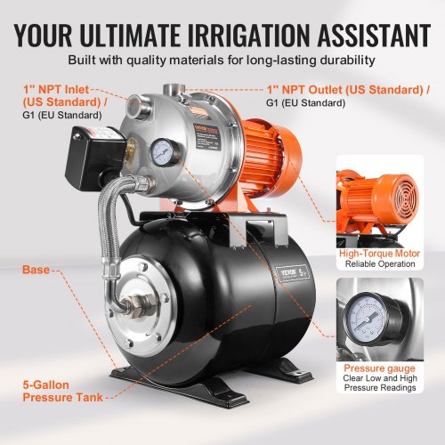 1.6 HP Shallow Well Pump with Pressure Tank 1320 GPH Automatic Irrigation