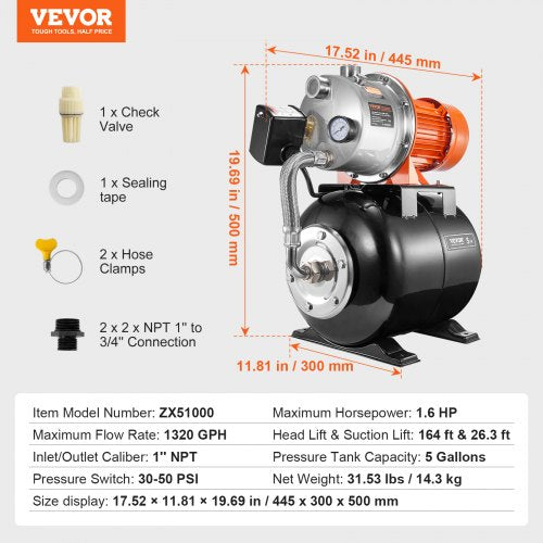 1.6 HP Shallow Well Pump with Pressure Tank 1320 GPH Automatic Irrigation