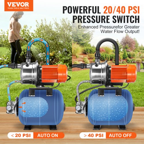 1 HP Shallow Well Pump with Pressure Tank 1000 GPH Automatic Irrigation