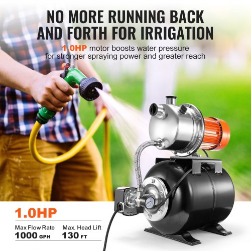 1 HP Shallow Well Pump with Pressure Tank 1000 GPH Automatic Irrigation