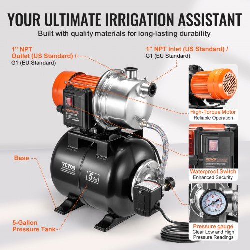 1 HP Shallow Well Pump with Pressure Tank 1000 GPH Automatic Irrigation