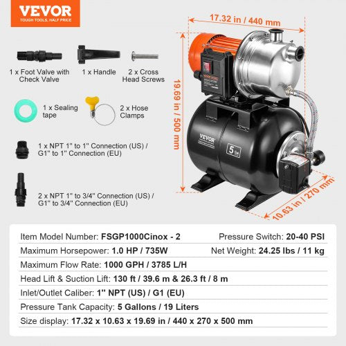 1 HP Shallow Well Pump with Pressure Tank 1000 GPH Automatic Irrigation