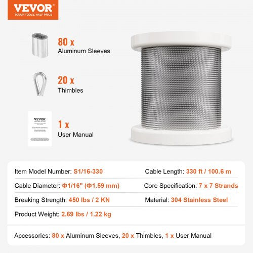 Wire Rope Kit 116 330 ft 304 Stainless Steel Cable with 80 Sleeves and 20