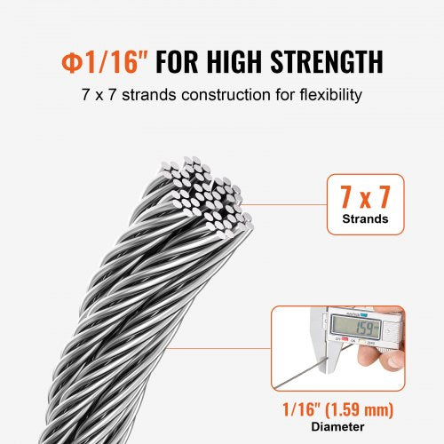 T304 Stainless Steel Cable 116 7x7 Steel Wire Rope 66 ft Cable Railing