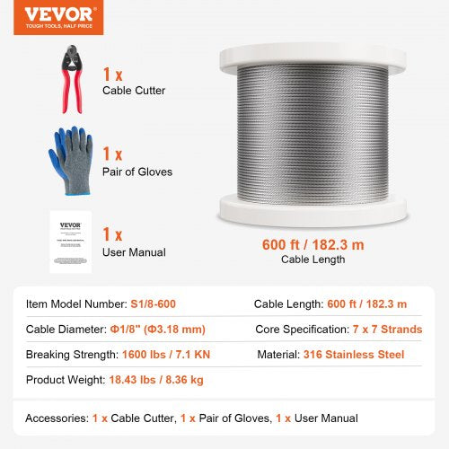 Wire Rope Kit 18 600 ft 316 Stainless Steel Cable with Cutter and Gloves