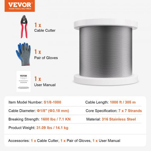 Wire Rope Kit 18 1000 ft 316 Stainless Steel Cable with Cutter and Gloves