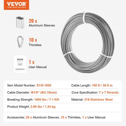 Wire Rope Kit 18 100 ft 316 Stainless Steel Cable with 20 Sleeves and 10
