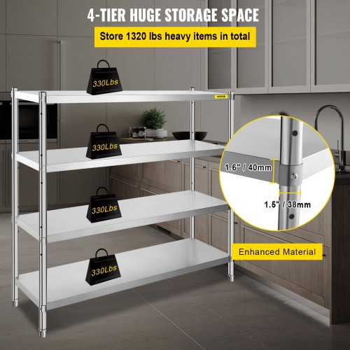 Stainless Steel Shelving 60x185 Inch 4 Tier Adjustable Shelf Storage Unit