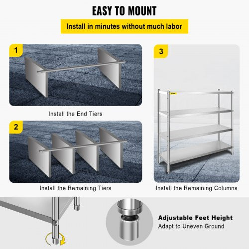 Stainless Steel Shelving 60x185 Inch 4 Tier Adjustable Shelf Storage Unit