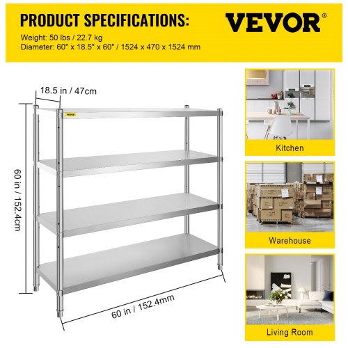 Stainless Steel Shelving 60x185 Inch 4 Tier Adjustable Shelf Storage Unit