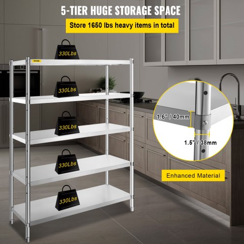 Stainless Steel Shelves 48x185 Inch 5 Tier Adjustable Shelf Storage Unit