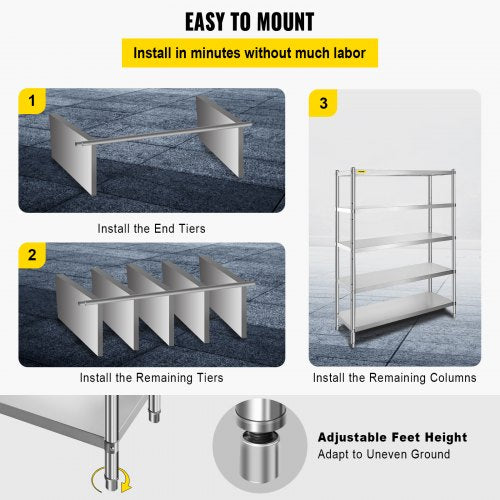 Stainless Steel Shelves 48x185 Inch 5 Tier Adjustable Shelf Storage Unit