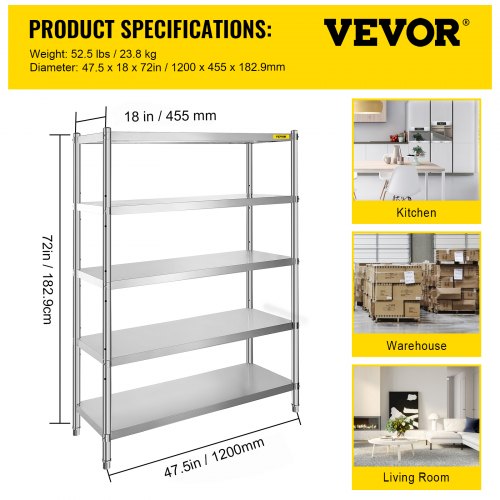Stainless Steel Shelves 48x185 Inch 5 Tier Adjustable Shelf Storage Unit