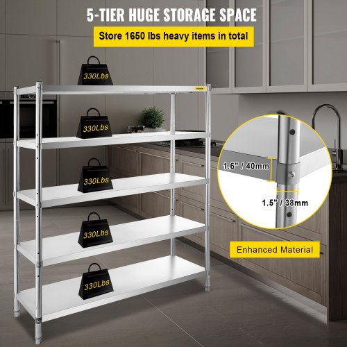 Stainless Steel Shelving 60x185 Inch 5 Tier Adjustable Shelf Storage Unit