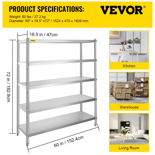 Stainless Steel Shelving 60x185 Inch 5 Tier Adjustable Shelf Storage Unit