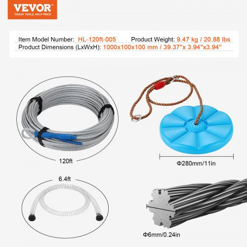 Zipline Kit for Kids and Adult 120 ft Zip Line Kits Up to 500 lb Backyard