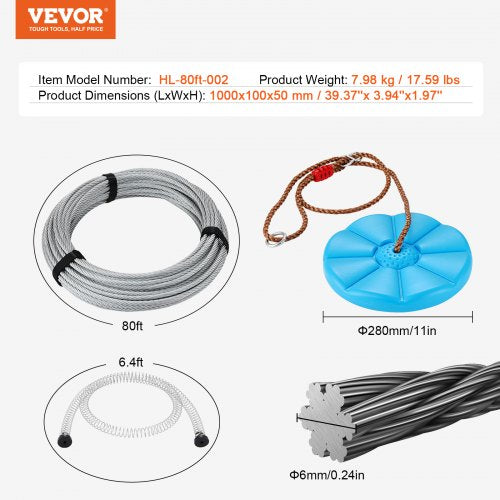 Zipline Kit for Kids and Adult 80 ft Zip Line Kits Up to 500 lb Backyard