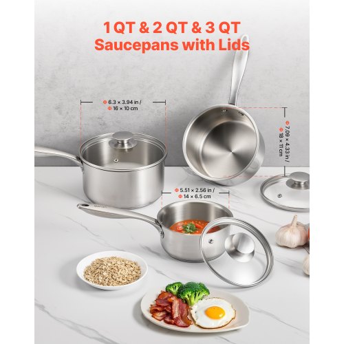 Stainless Steel Saucepan Set 1 QT 2 QT 3 QT Saucepans with Glass Lids