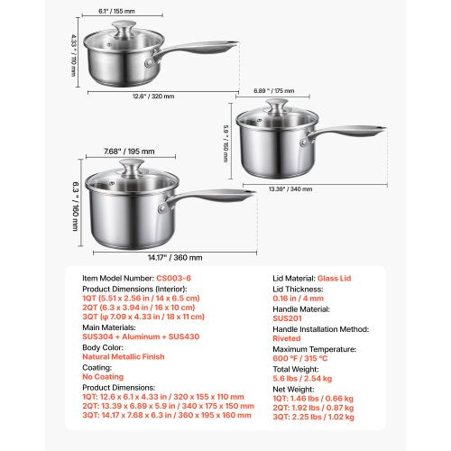 Stainless Steel Saucepan Set 1 QT 2 QT 3 QT Saucepans with Glass Lids