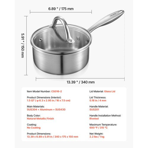 1.5 QT Saucepan Stainless Steel Saucepan with Glass Lid Multipurpose