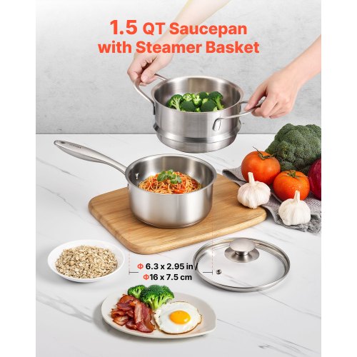 1.5 QT Saucepan with Steamer Stainless Steel Saucepan with Glass Lid