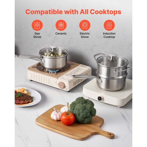 1.5 QT Saucepan with Steamer Stainless Steel Saucepan with Glass Lid
