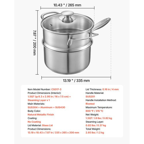 1.5 QT Saucepan with Steamer Stainless Steel Saucepan with Glass Lid